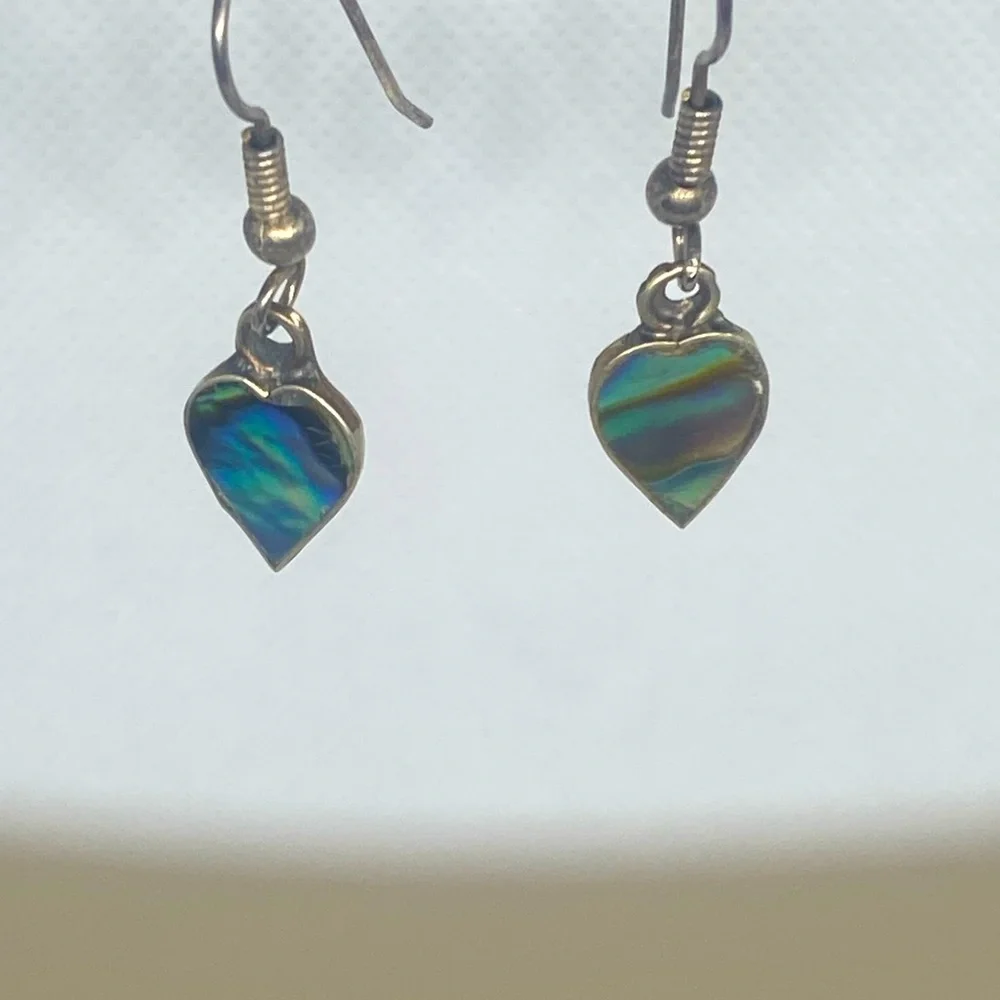 Vintage Alpaca Mexico Abalone Inlay Heart Earrings